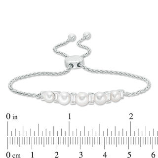 Button Freshwater Cultured Pearl and Baguette Lab-Created White Sapphire Bolo Bracelet in Sterling Silver-9.5"|Peoples Jewellers