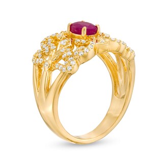 Oval Ruby and 0.67 CT. T.W. Diamond Triple Row Split Shank Vintage-Style Ring in 10K Gold|Peoples Jewellers