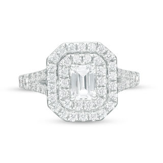 Celebration Canadian Ideal 1.70 CT. T.W. Emerald-Cut Certified Diamond Double Frame Engagement Ring in 14K White Gold (I/SI2)|Peoples Jewellers
