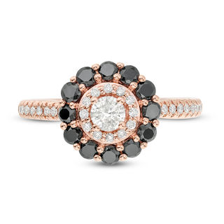 0.95 CT. T.W. Enhanced Black and White Diamond Double Frame Engagement Ring in 10K Rose Gold - Size 7|Peoples Jewellers