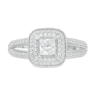 0.95 CT. T.W. Princess-Cut Diamond Double Cushion Frame Vintage-Style Engagement Ring in 14K White Gold|Peoples Jewellers