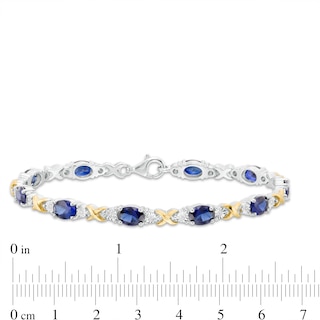 Oval Lab-Created Blue Sapphire and 0.086 CT. T.W. Diamond "X" Bracelet in Sterling Silver and 14K Gold Plate - 7.25"|Peoples Jewellers