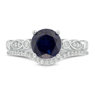 7.5mm Lab-Created Blue Sapphire and 0.15 CT. T.W. Diamond Geometric Bridal Set in Sterling Silver|Peoples Jewellers