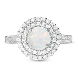 6.5mm Lab-Created Opal and White Sapphire Double Frame Ring in Sterling Silver|Peoples Jewellers