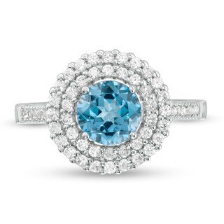 6.5mm Swiss Blue Topaz and Lab-Created White Sapphire Double Frame Ring in Sterling Silver|Peoples Jewellers