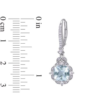 Cushion-Cut Aquamarine, White Sapphire and 0.16 CT. T.W. Diamond Floral Vintage-Style Drop Earrings in 14K White Gold|Peoples Jewellers
