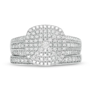 0.69 CT. T.W. Composite Diamond Triple Cushion Frame Vintage-Style Multi-Row Bridal Set in 10K White Gold|Peoples Jewellers