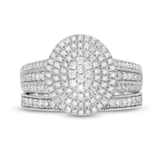 0.69 CT. T.W. Composite Diamond Triple Oval Frame Vintage-Style Multi-Row Bridal Set in 10K White Gold|Peoples Jewellers