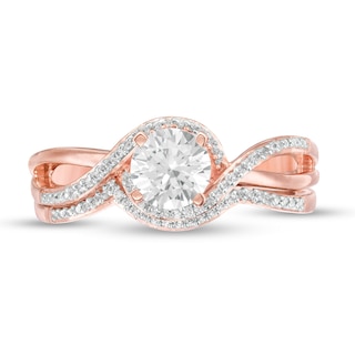 5.5mm Lab-Created White Sapphire and 0.088 Diamond Swirl Frame Bridal Set in Sterling Silver with 14K Rose Gold Plate|Peoples Jewellers