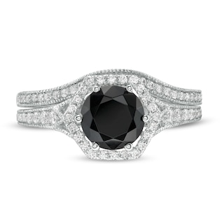 7.0mm Lab-Created Black Sapphire and 0.37 CT. T.W. Diamond Hexagonal Frame Vintage-Style Bridal Set in 10K White Gold|Peoples Jewellers