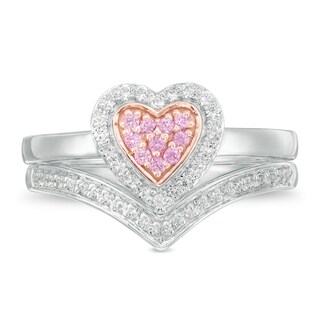 Composite Lab-Created Pink and White Sapphire Heart Frame Bridal Set in Sterling Silver and 10K Rose Gold|Peoples Jewellers