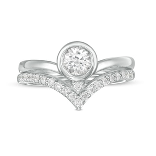 5.0mm Lab-Created White Sapphire and 0.23 CT. T.W. Diamond Chevron Bridal Set in Sterling Silver|Peoples Jewellers