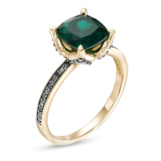 8.0mm Cushion-Cut Lab-Created Emerald and 0.06 CT. T.W. Black Diamond Flower Engagement Ring in 10K Gold|Peoples Jewellers