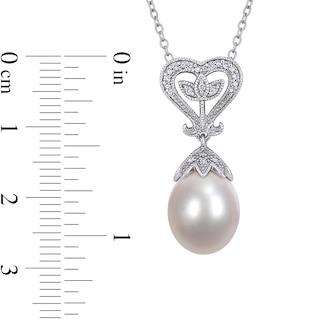 10.0-10.5mm Freshwater Cultured Pearl and 0.05 CT. T.W. Diamond Vintage-Style Heart-Top Pendant in Sterling Silver|Peoples Jewellers