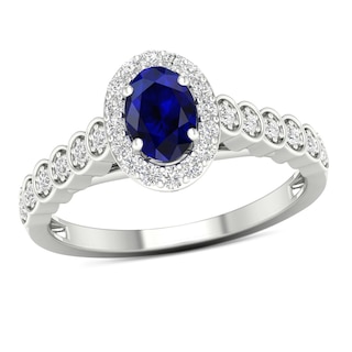 Oval Blue Sapphire and 0.20 CT. T.W. Diamond Frame Scallop Shank Ring in 10K White Gold|Peoples Jewellers