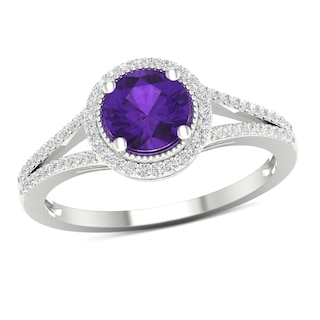 6.0mm Amethyst and 0.16 CT. T.W. Diamond Double Frame Vintage-style Split Shank Ring in 10K White Gold|Peoples Jewellers