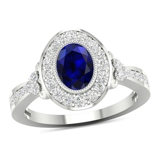Oval Blue Sapphire and 0.50 CT. T.W. Diamond Frame Tri-Sides Vintage-Style Ring in 10K White Gold|Peoples Jewellers