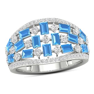 Baguette Swiss Blue and White Topaz and 0.20 CT. T.W. Diamond Edge Quilt Ring in 10K White Gold|Peoples Jewellers
