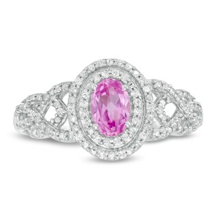 Oval Lab-Created Pink Sapphire and 0.085 CT. T.W. Diamond Double Frame Woven Shank Ring in Sterling Silver|Peoples Jewellers