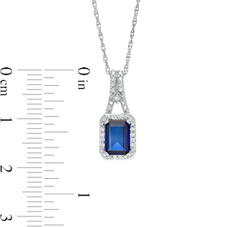 Emerald-Cut Lab-Created Blue Sapphire and 0.04 CT. T.W. Diamond Frame Drop Pendant in Sterling Silver|Peoples Jewellers