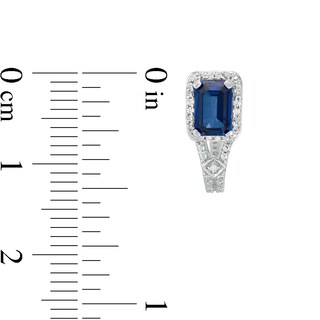 Emerald-Cut Lab-Created Blue Sapphire and 0.04 CT. T.W. Diamond Frame J-Hoop Earrings in Sterling Silver|Peoples Jewellers