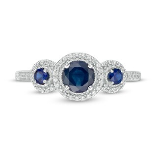 Blue Sapphire and 0.15 CT. T.W. Diamond Frame Three Stone Ring in 10K White Gold|Peoples Jewellers
