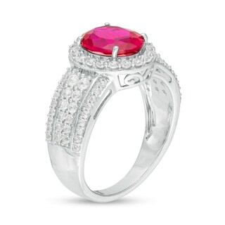 Oval Lab-Created Ruby and White Sapphire Frame Multi-Row Ring in Sterling Silver|Peoples Jewellers