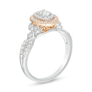 0.58 CT. T.W. Oval Diamond Double Frame Tri-Sides Engagement Ring in 14K Two-Tone Gold|Peoples Jewellers