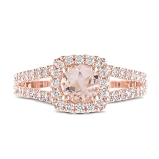 6.0mm Morganite and 0.48 CT. T.W. Diamond Square Frame Split Shank Ring in 14K Rose Gold|Peoples Jewellers
