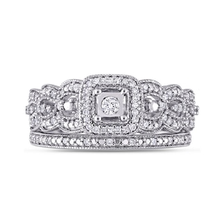 0.32 CT. T.W. Diamond Cushion Frame Scallop Edge Vintage-Style Bridal Set in Sterling Silver|Peoples Jewellers
