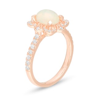 Oval Opal and 0.33 CT. T.W. Diamond Flower Frame Ring in 10K Rose Gold|Peoples Jewellers