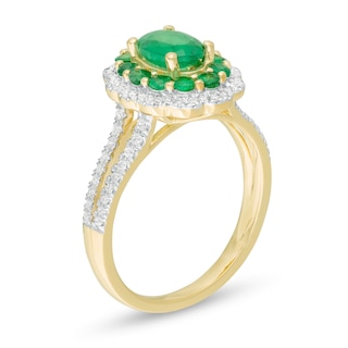 Oval Emerald and 0.25 CT. T.W. Diamond Scallop Frame Split Shank Ring in 10K Gold|Peoples Jewellers