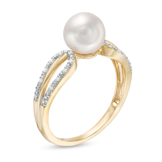 7.0mm Freshwater Cultured Pearl and 0.04 CT. T.W. Diamond Split Shank Ring in 10K Gold|Peoples Jewellers