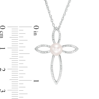 6.0mm Freshwater Cultured Pearl and 0.04 CT. T.W. Diamond Cross Pendant in Sterling Silver|Peoples Jewellers
