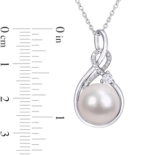 11.0-12.0mm Freshwater Cultured Pearl, Lab-Created White Sapphire and Diamond Accent Pendant in Sterling Silver|Peoples Jewellers