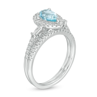 Pear-Shaped Aquamarine and 0.40 CT. T.W. Diamond Frame Bridal Set in 14K White Gold|Peoples Jewellers