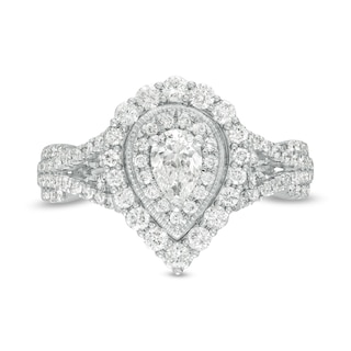 1.00 CT. T.W. Pear-Shaped Diamond Double Frame Split Shank Vintage-Style Engagement Ring in 14K White Gold|Peoples Jewellers