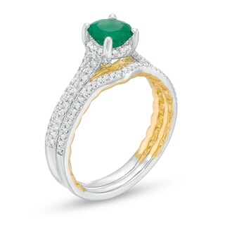 6.0mm Emerald and 0.33 CT. T.W. Diamond Frame Double Row Bridal Set in 14K Two-Tone Gold|Peoples Jewellers