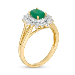 Oval Emerald and 0.20 CT. T.W. Diamond Flower Frame Split Shank Ring in 10K Gold|Peoples Jewellers