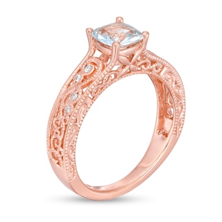 6.0mm Cushion-Cut Aquamarine and 0.05 CT. T.W. Diamond Scroll Open Shank Vintage-Style Ring in 10K Rose Gold|Peoples Jewellers