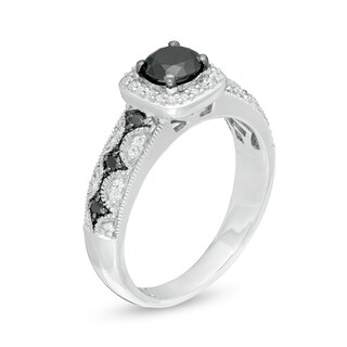 0.69 CT. T.W. Enhanced Black and White Diamond Cushion Frame Vintage-Style Engagement Ring in 10K White Gold|Peoples Jewellers