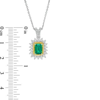Emerald-Cut Lab-Created Emerald and White Sapphire Sunburst Frame Drop Pendant in Sterling Silver with 14K Gold Plate|Peoples Jewellers