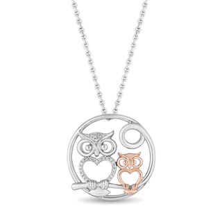 Hallmark Diamonds Family 0.04 CT. T.W. Diamond Owl Circle Pendant in Sterling Silver and 10K Rose Gold|Peoples Jewellers