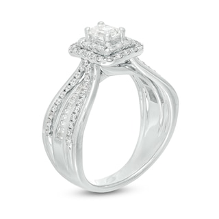 0.95 CT. T.W. Certified Canadian Emerald-Cut Diamond Double Frame Multi-Row Engagement Ring in 14K White Gold (I/SI2)|Peoples Jewellers