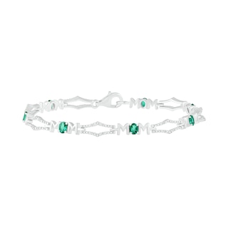 Oval Lab-Created Emerald and 0.09 CT. T.W. Diamond Kite-Shaped Art Deco Link Bracelet in Sterling Silver - 7.5"|Peoples Jewellers