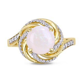 8.0mm Opal, White Topaz and 0.04 CT. T.W. Diamond Swirl Frame Bypass Ring in Sterling Silver with Yellow Rhodium|Peoples Jewellers