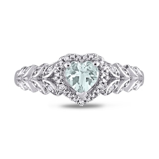 5.0mm Heart-Shaped Aquamarine and 0.05 CT. T.W. Diamond Bead Frame Leaf Shank Ring in 10K White Gold|Peoples Jewellers