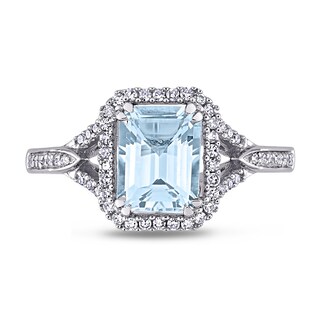 Emerald-Cut Aquamarine and 0.20 CT. T.W. Diamond Octagonal Frame Tapered Shank Ring in 14K White Gold|Peoples Jewellers