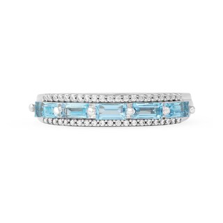Sideways Baguette Swiss Blue Topaz and 0.12 CT. T.W. Diamond Border Five Stone Triple Row Ring in 10K White Gold|Peoples Jewellers