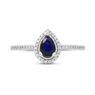 Pear-Shaped Blue Sapphire and 0.10 CT. T.W. Diamond Frame Vintage-Style Ring in 10K White Gold|Peoples Jewellers